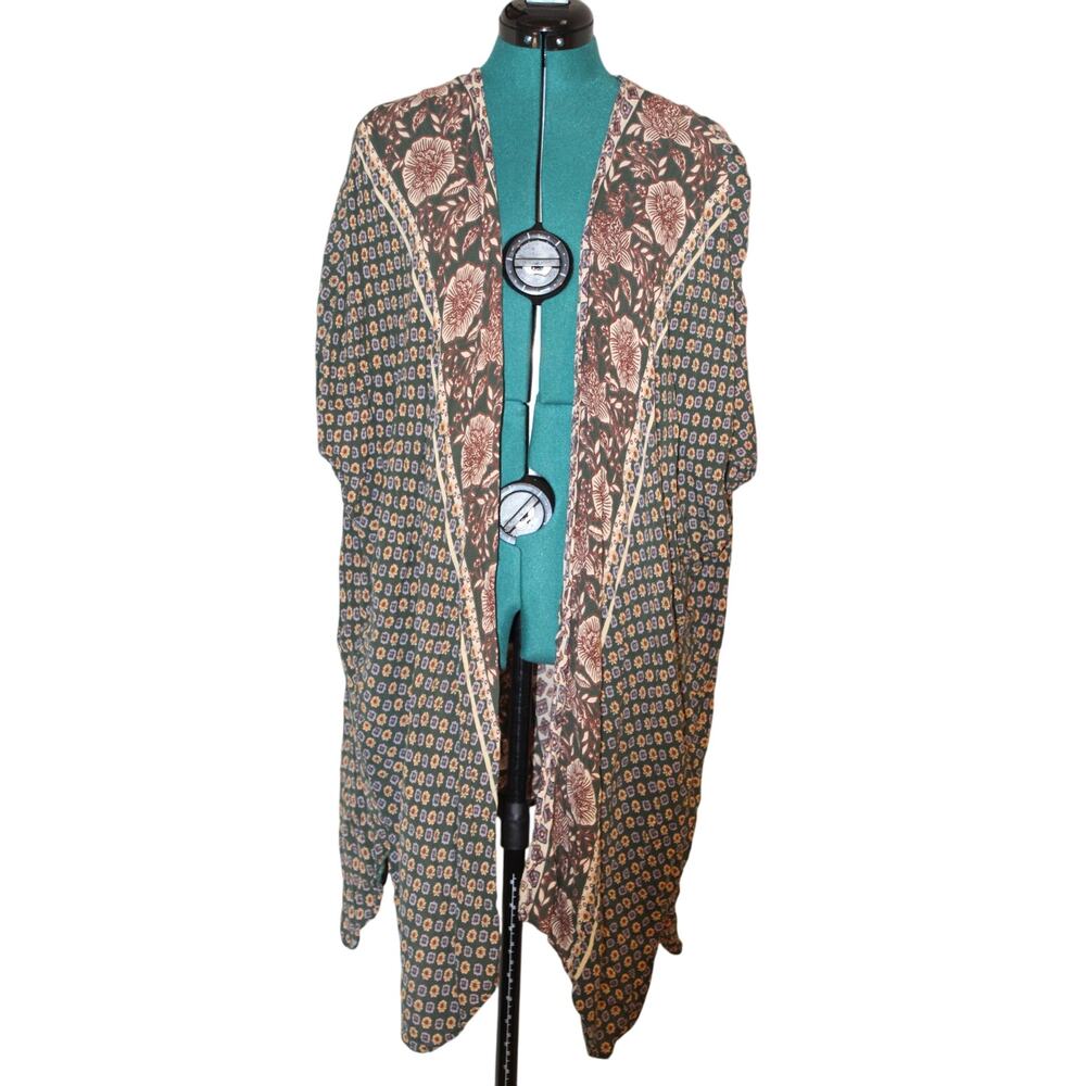 Angie Boho Floral Mixed Print Kimono Cardigan Brown Cream Green Women’s M